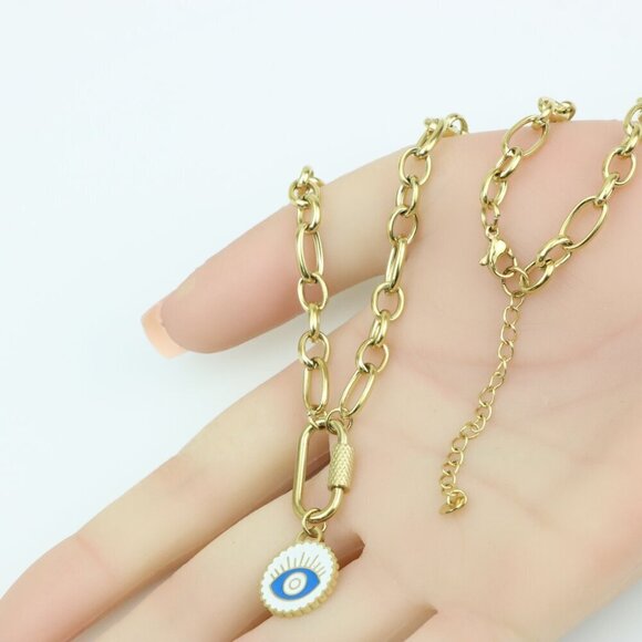 Chunky Gold Link Necklace with Eye Charm – Bold Yellow Jewelry, XPNL0368 - Picture 4 of 13